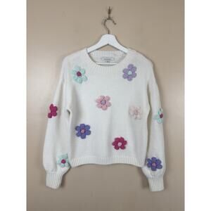 Francesca’s Ivory Knit Sweater 3D Floral Embroidered Cottagecore Peasant XS